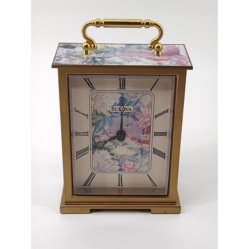 Bulova Quartz Mantel Clock Floral Pattern Gold Tone Roman Numerals working
